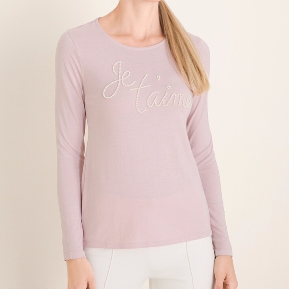 Chico's Je T'Aime Pearl Script Long Sleeve T-shirt Chico's Sz 0 or US S/4 - Picture 7 of 10